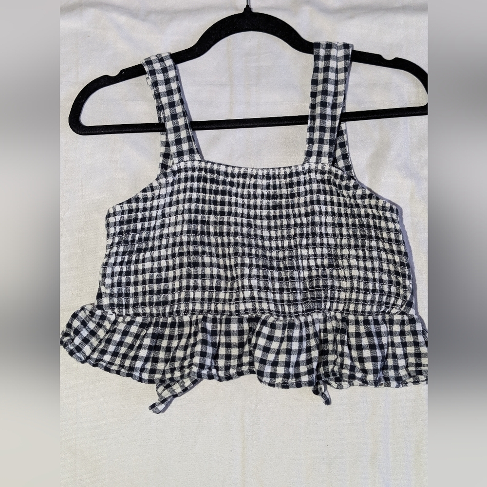 American Eagle Gingham smocked Ruffle Tie Back Crop Top Tank Top Size XS